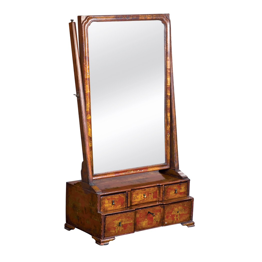 Appraisal: George I Style Red Japanned Shaving Mirror The beveled rectangular