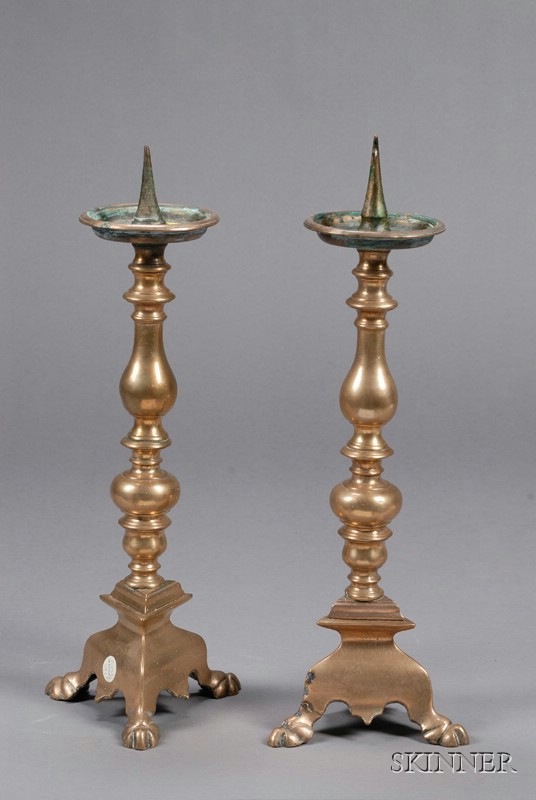 Appraisal: Pair of Continental Baroque Bronze Pricket Sticks baluster and knopped