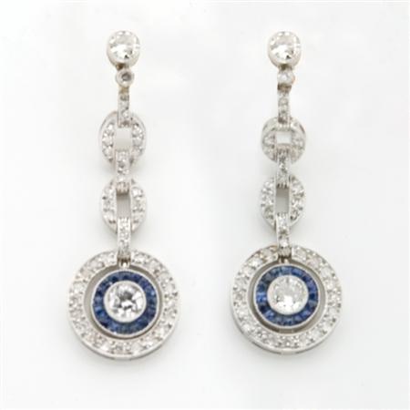 Appraisal: Pair of Diamond and Sapphire Pendant-Earrings Estimate -