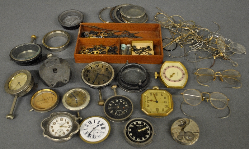 Appraisal: - Grouping of car clocks watch parts and eyeglasses etc