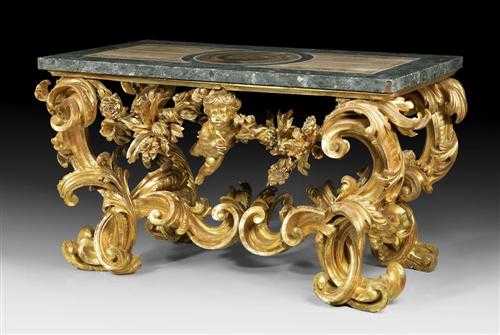 Appraisal: IMPORTANT CARVED GILTWOOD CONSOLE WITH PUTTO Baroque Rome circa The