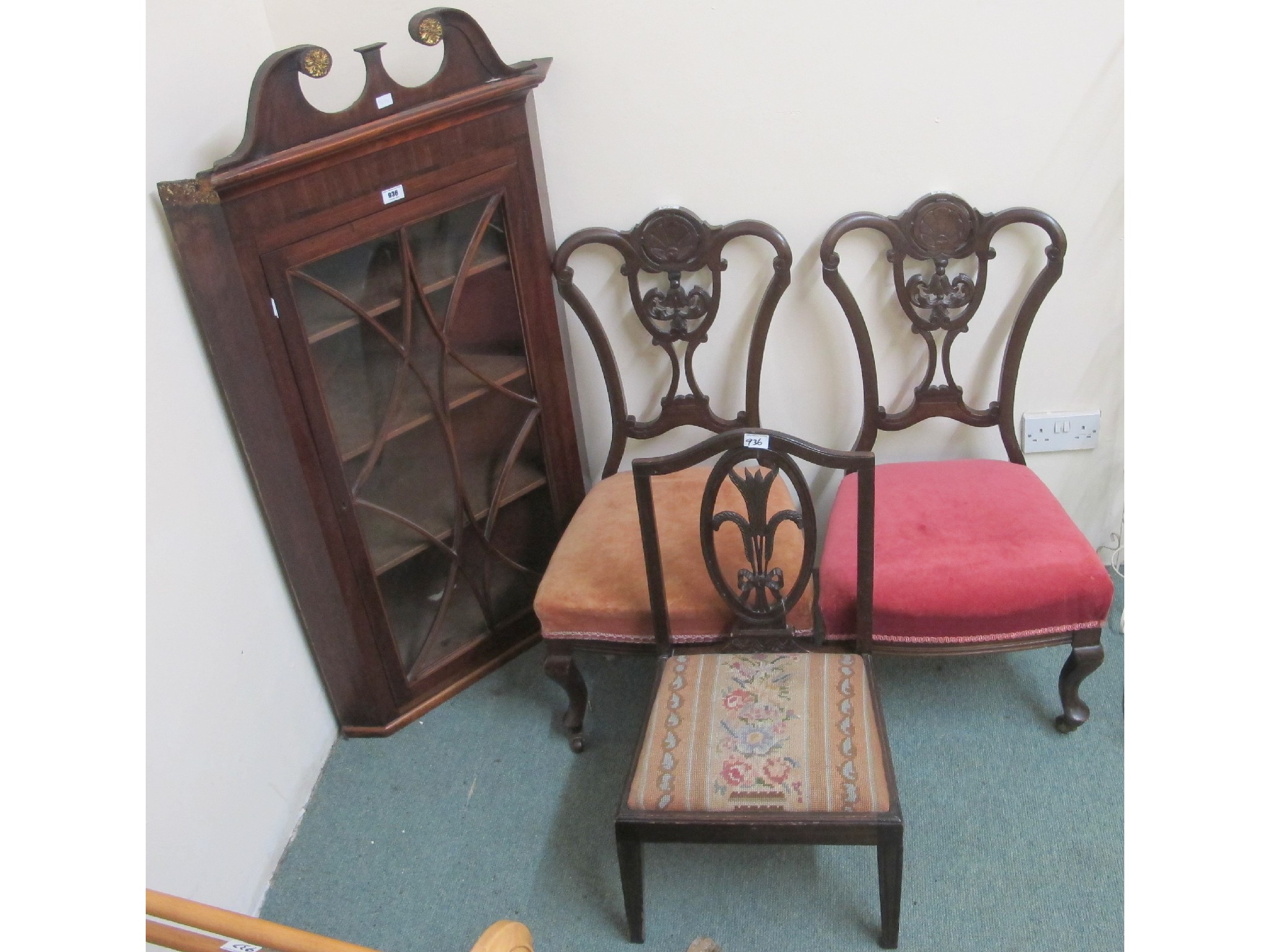 Appraisal: Three chairs and a mahogany hanging corner cabinet