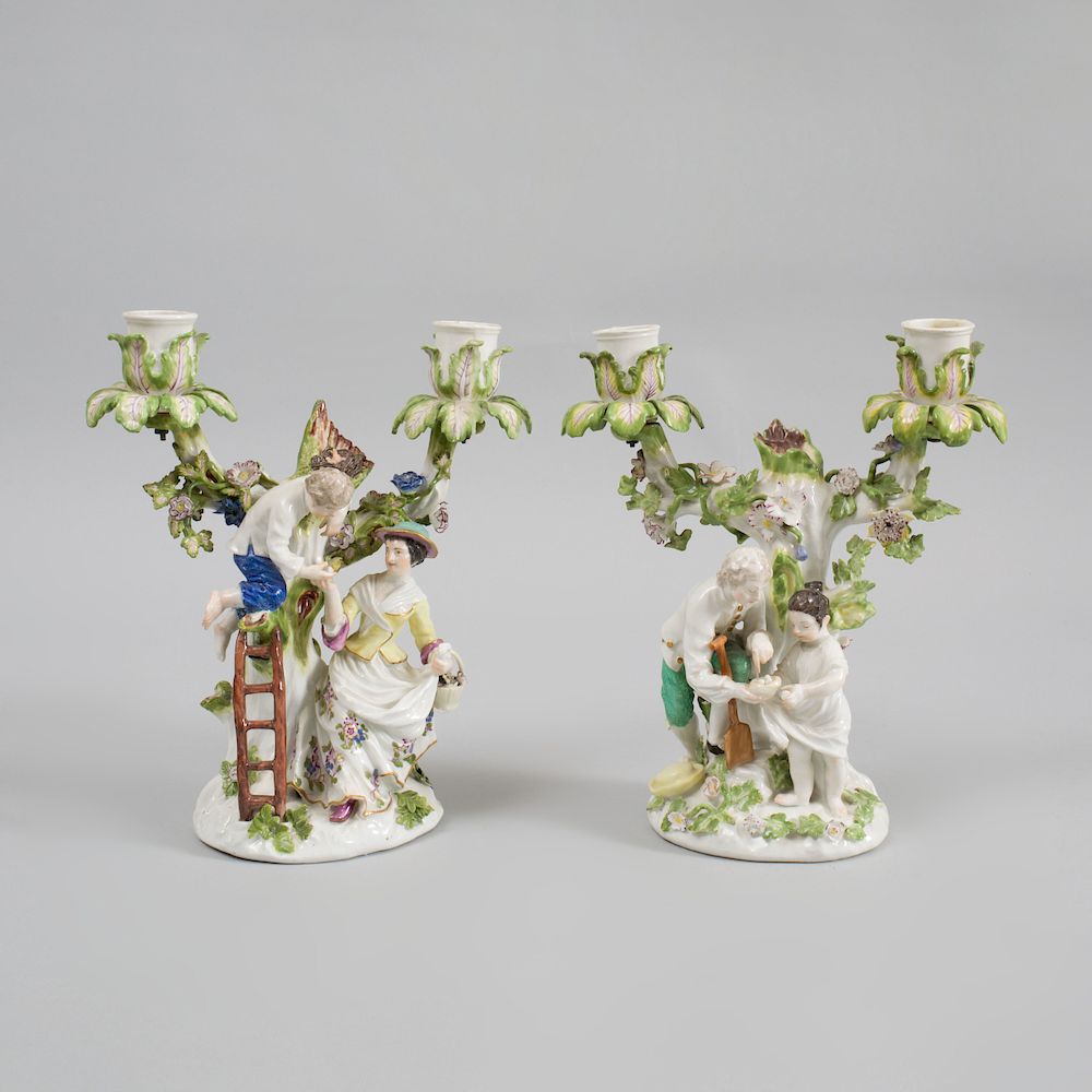 Appraisal: Pair of Meissen Porcelain Figural Two-Light Candelabra Each with underglaze