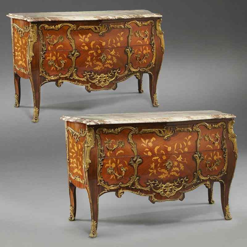 Appraisal: Pr Louis XV style commodes each withshaped marble tops over