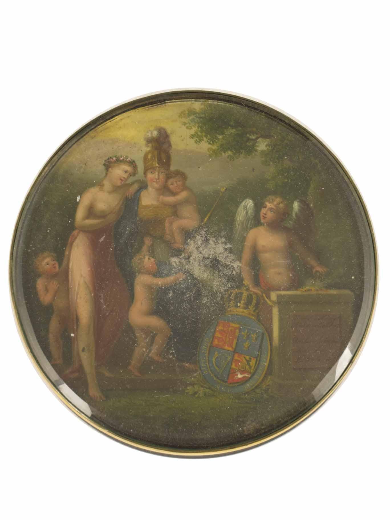 Appraisal: A japanned and painted circular snuff box