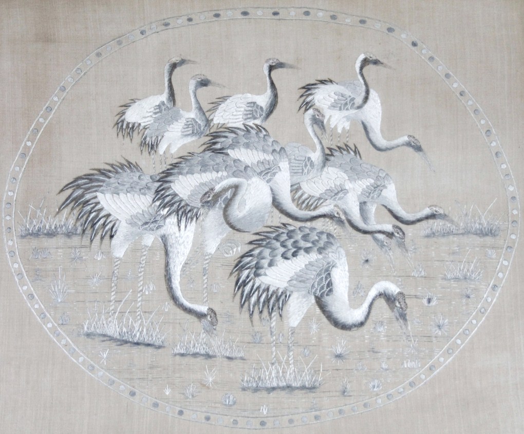 Appraisal: thC Japanese School Kutani crane feeding silk work on material