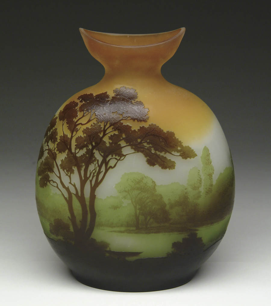 Appraisal: GALL FRENCH CAMEO VASE Brown and green scenic on salmon