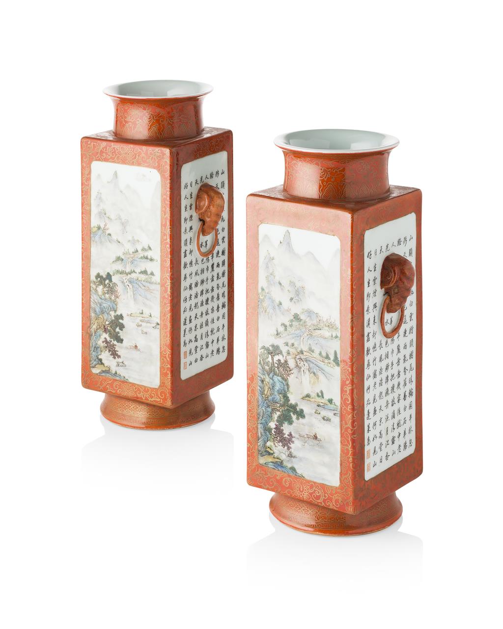 Appraisal: PAIR OF SQUARE-SECTIONED QIANJIANGCAI DECORATED VASES REPUBLIC PERIOD the tall