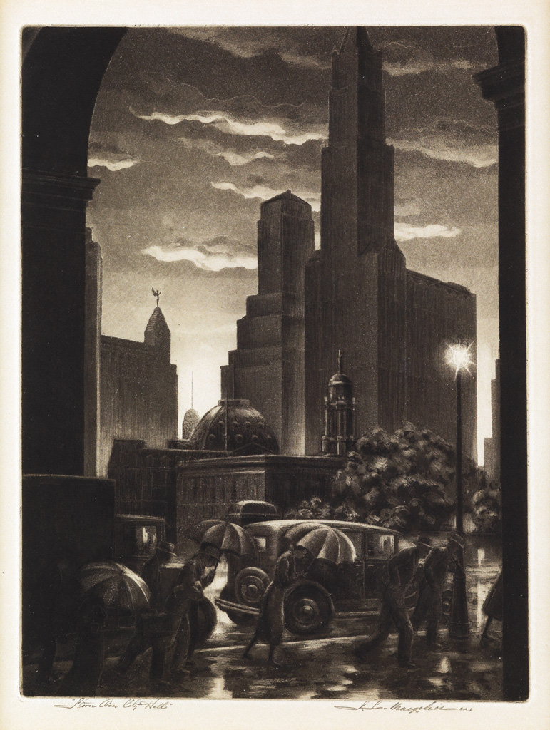 Appraisal: SAMUEL MARGOLIES Storm Over City Hall Etching and aquatint x