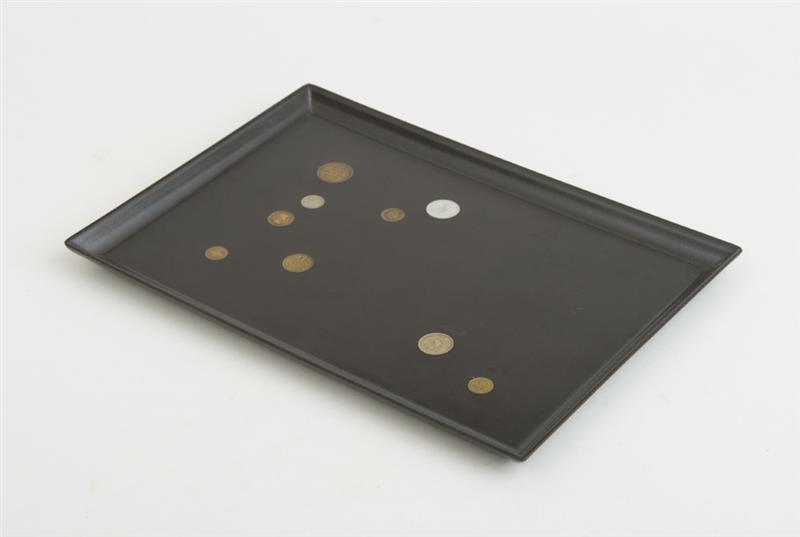 Appraisal: BLACK LACQUER TRAY INSET WITH EUROPEAN COINS x x in