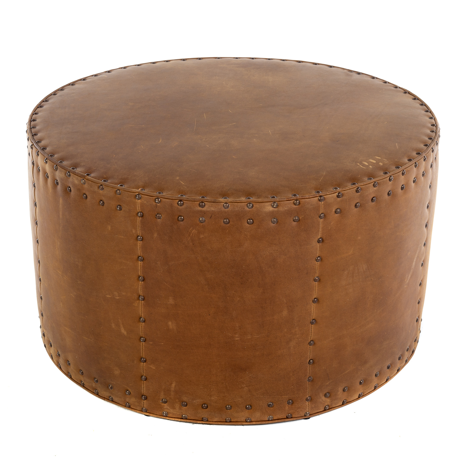 Appraisal: CONTEMPORARY ROUND LEATHER OTTOMAN Brown leather with brass tack upholstery