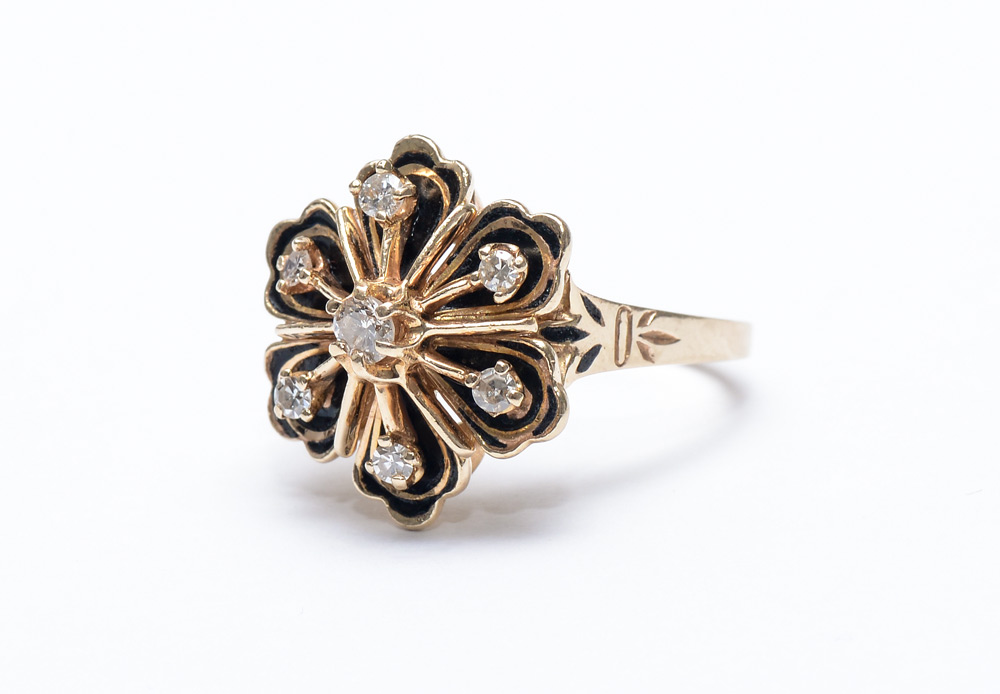 Appraisal: ENAMELED DIAMOND RING K gold diamond ring with round full