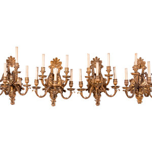 Appraisal: Four Louis XVI Style Gilt Bronze Five-Light Sconces First Half