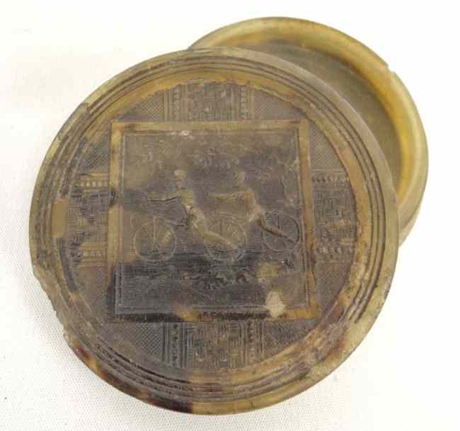 Appraisal: C horn snuff box with hobby horse motif '' diameter