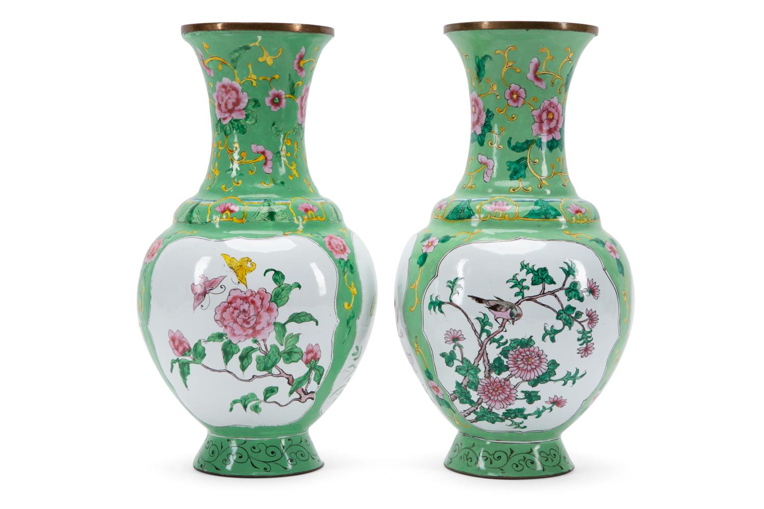 Appraisal: PAIR CHINESE CANTON ENAMELED BIRD FLOWER VASES Pair of Chinese