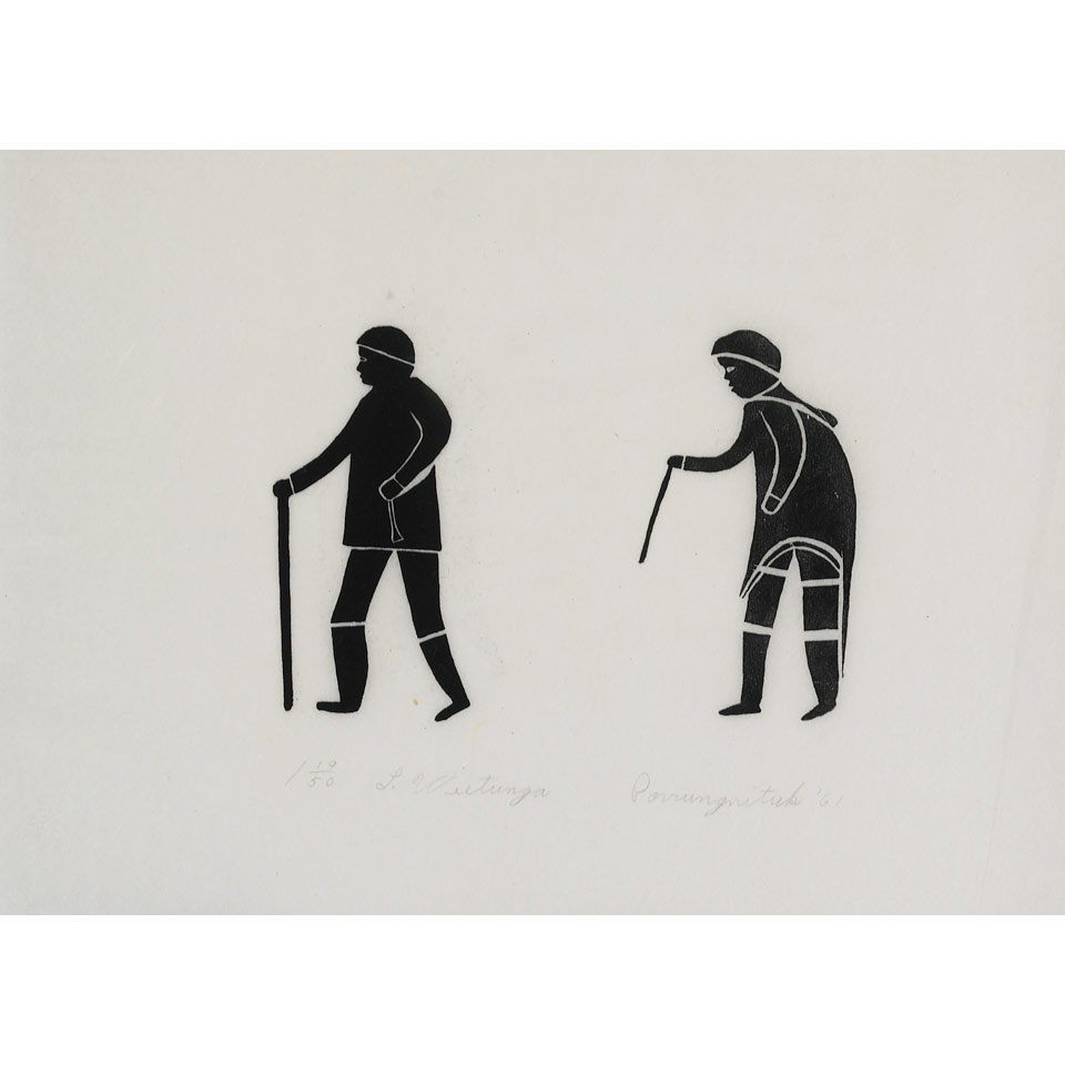 Appraisal: L WIETUNGA Povungnituk MAN AND WOMAN WALKING stonecut signed in