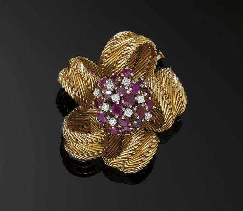 Appraisal: RUBY DIAMOND AND GOLD BROOCH LOTOS ca Yellow gold Classic