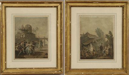 Appraisal: French School th C Two Genre Scenes Hand-colored acquatints matted