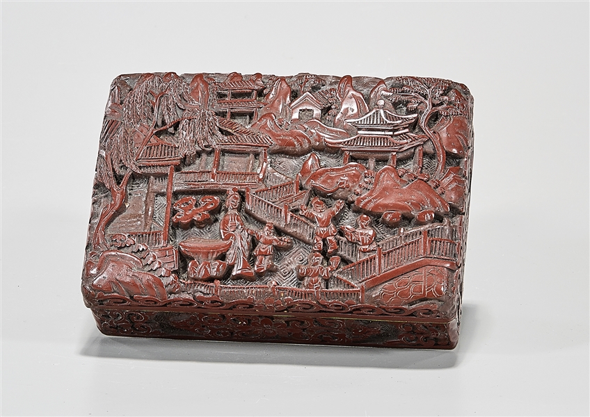 Appraisal: Chinese carved wood covered hinged-lid box the top depicting figures