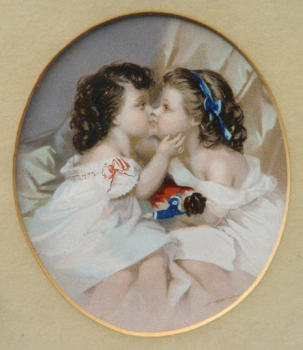 Appraisal: Oval overpainted print of two young girls embracing in a