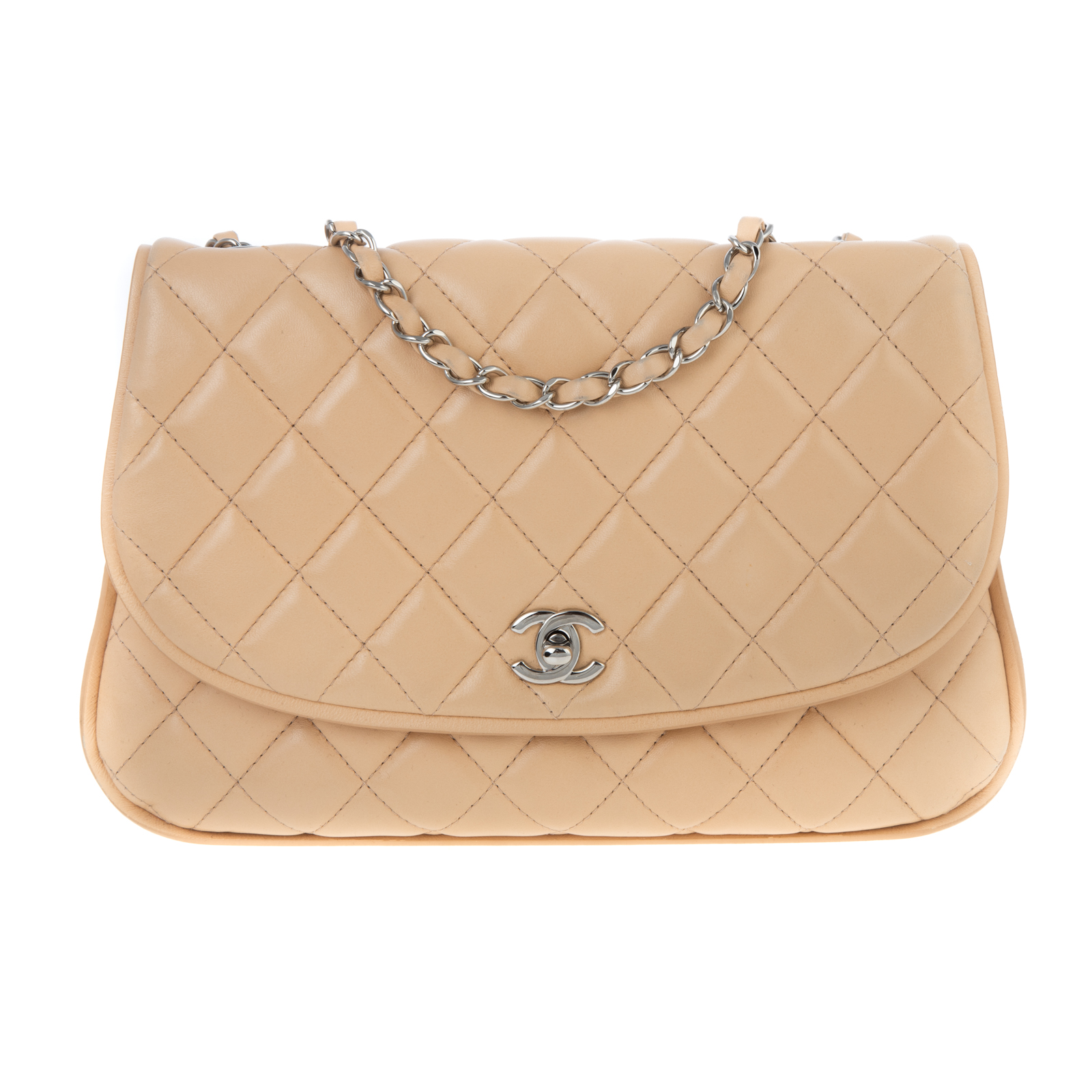 Appraisal: A CHANEL MESSENGER FLAP BAG A beige quilted lambskin leather