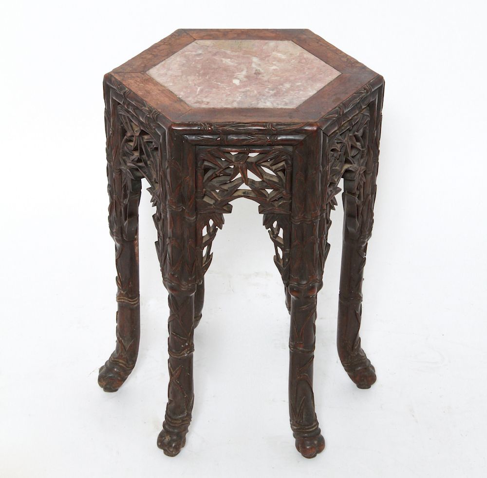 Appraisal: Chinese Hexagonal Carved Wood Stand w Stone Top Chinese hexagonal