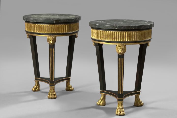 Appraisal: Pair of Empire-Style Polychromed Gilded and Marble-Top Occasional Tables each