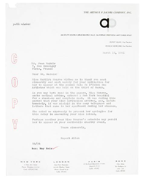 Appraisal: A Marilyn Monroe-related letter to French actor Jean Marais A