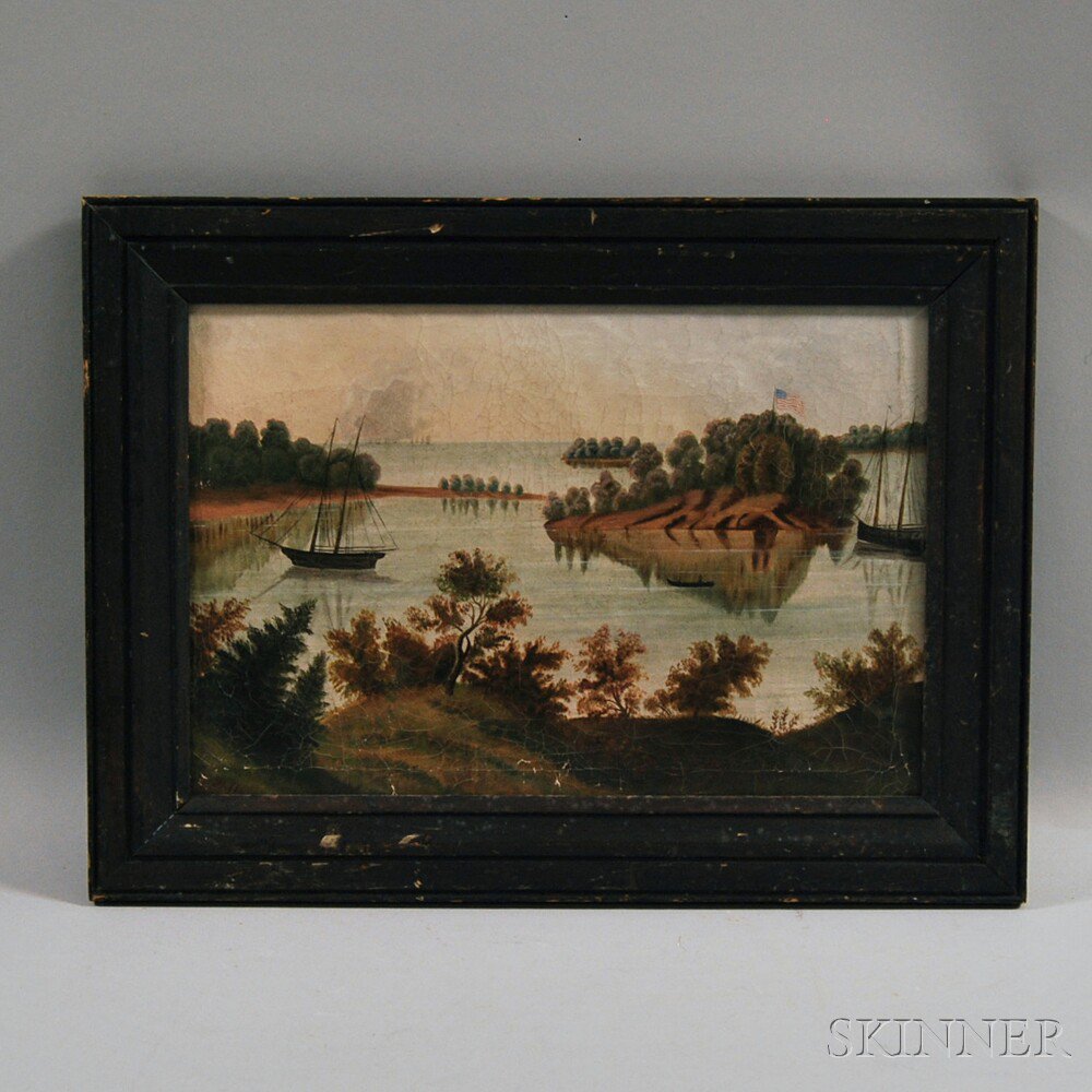 Appraisal: American School th Century Primitive River Landscape Signed or inscribed