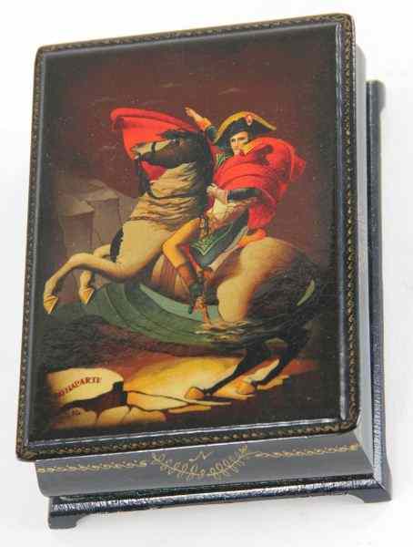 Appraisal: Russian Lacquered Boxthe cover hand-painted with scene of Napoleon x