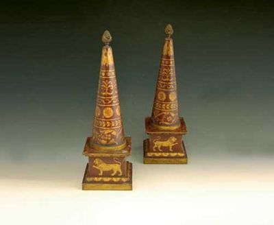 Appraisal: A pair of tole peinte conical obelisks each with a