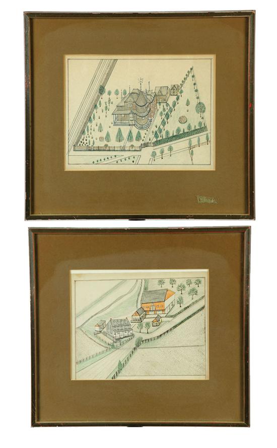 Appraisal: PICTURES OF TWO PENNSYLVANIA HOMESTEADS Ca colored pencil on paper