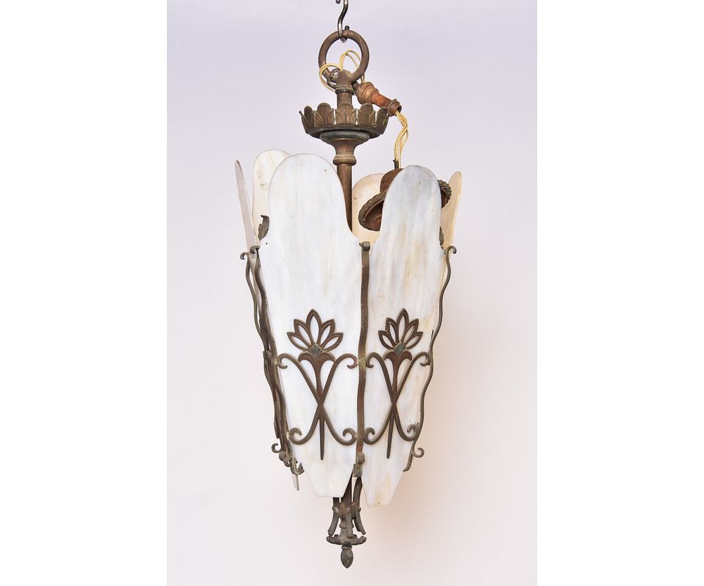 Appraisal: Continental Art Deco Chandelier Continental Art Deco center brass two-light