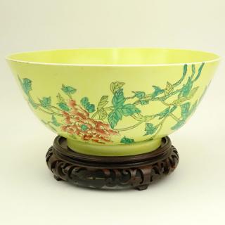 Appraisal: Chinese Export Yellow Porcelain Centerpiece Bowl on Wooden Stand Exotic