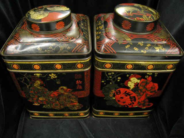 Appraisal: Pair of Oriental Tin Tea Cannisters Japanese scenes square tall