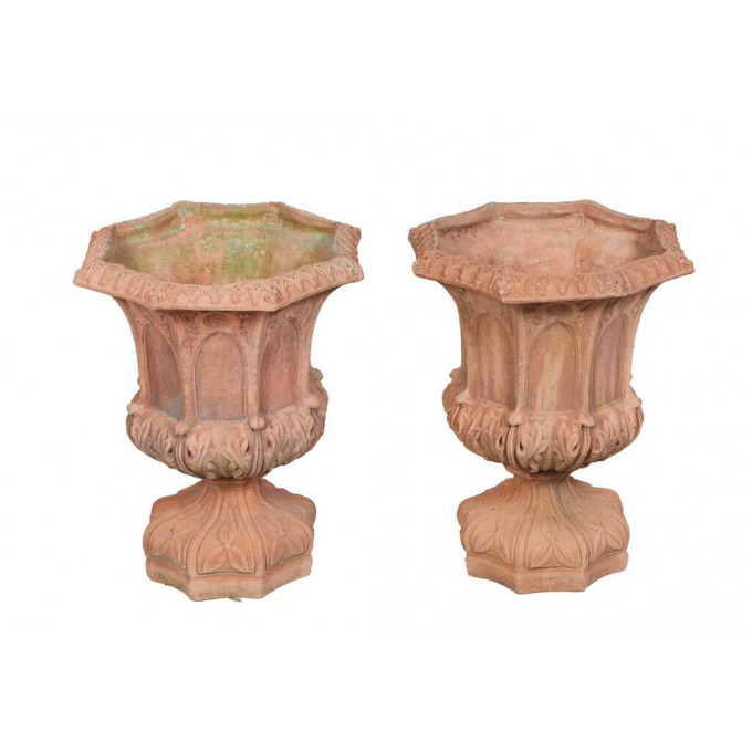 Appraisal: Pair of Gothic Style Terracotta Octagonal Planters th c the