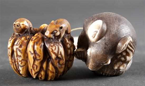 Appraisal: Two Japanese carved ivory netsukes Rats each signed one modeled