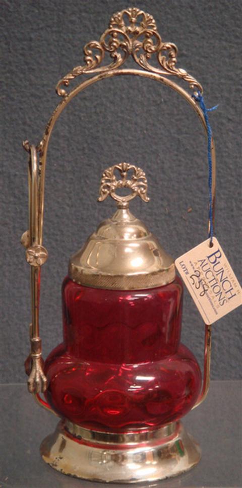 Appraisal: Plated silver Victorian pickle jar cranberry thumbprint insert tall Estimate