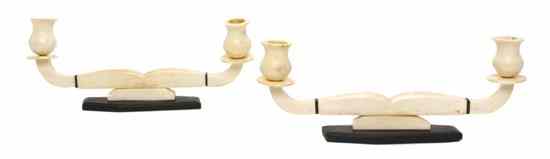 Appraisal: A Pair of Anglo-Indian Ebonized and Ivory Two-Light Candelabra th