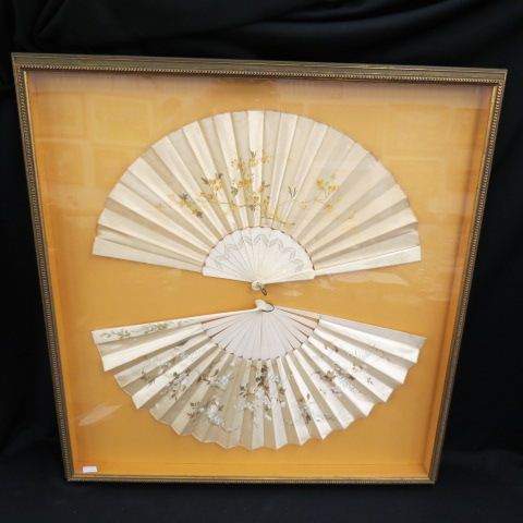 Appraisal: Handpainted Silk Ivory Fans framedtogether fans are closed frame is