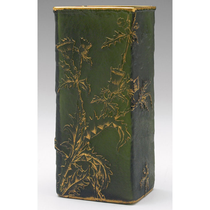 Appraisal: Daum vase rectangular form in green glass with etched and