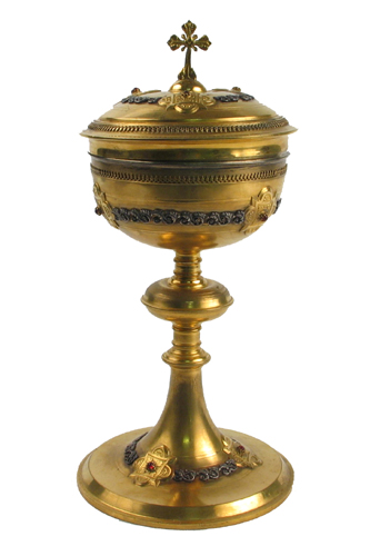 Appraisal: STERLING SILVER COVERED CIBORIUM gold plated and inset with garnet