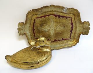 Appraisal: Duck Form Gilded Lacquer Box Tray Duck Form Gilded Lacquer