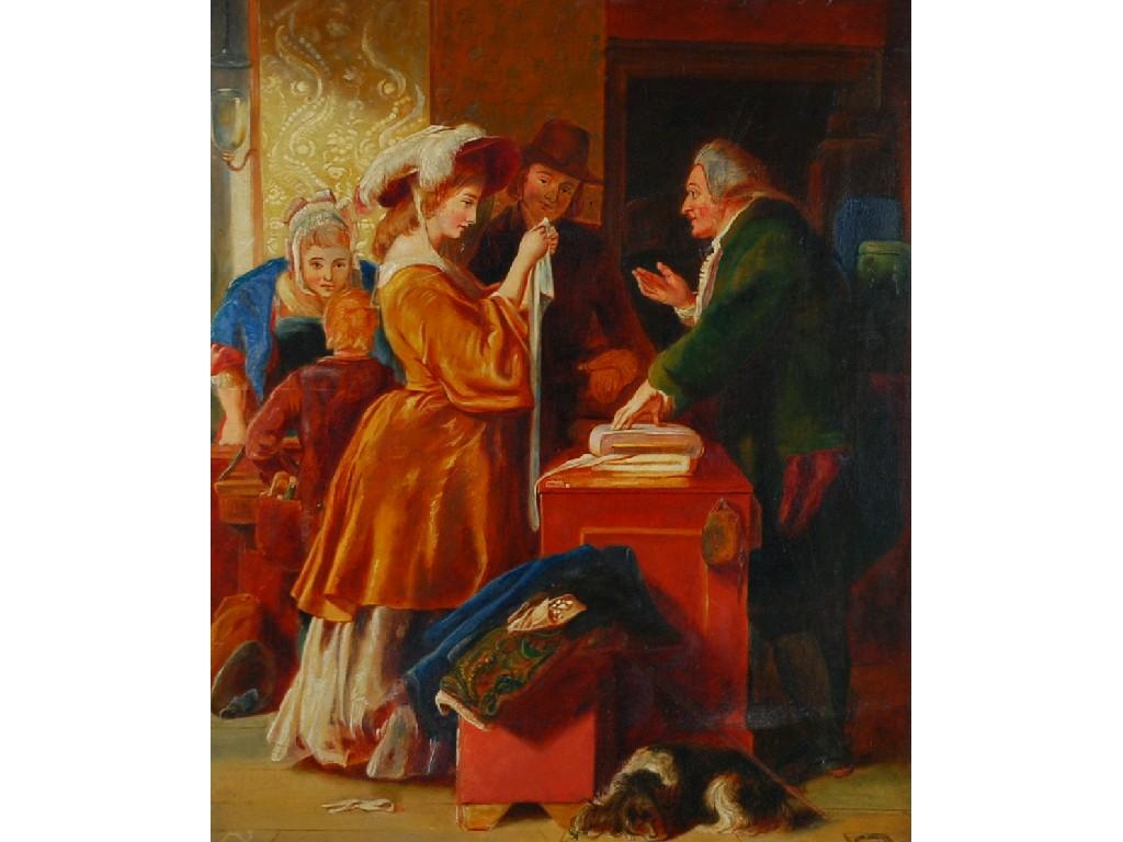 Appraisal: UNATTRIBUTED nineteenth century OIL ON CANVASFigures in shop interiorunsigned x