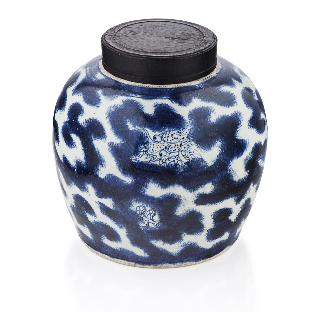 Appraisal: BLUE AND WHITE JAR AND COVER KANGXI PERIOD decorated with