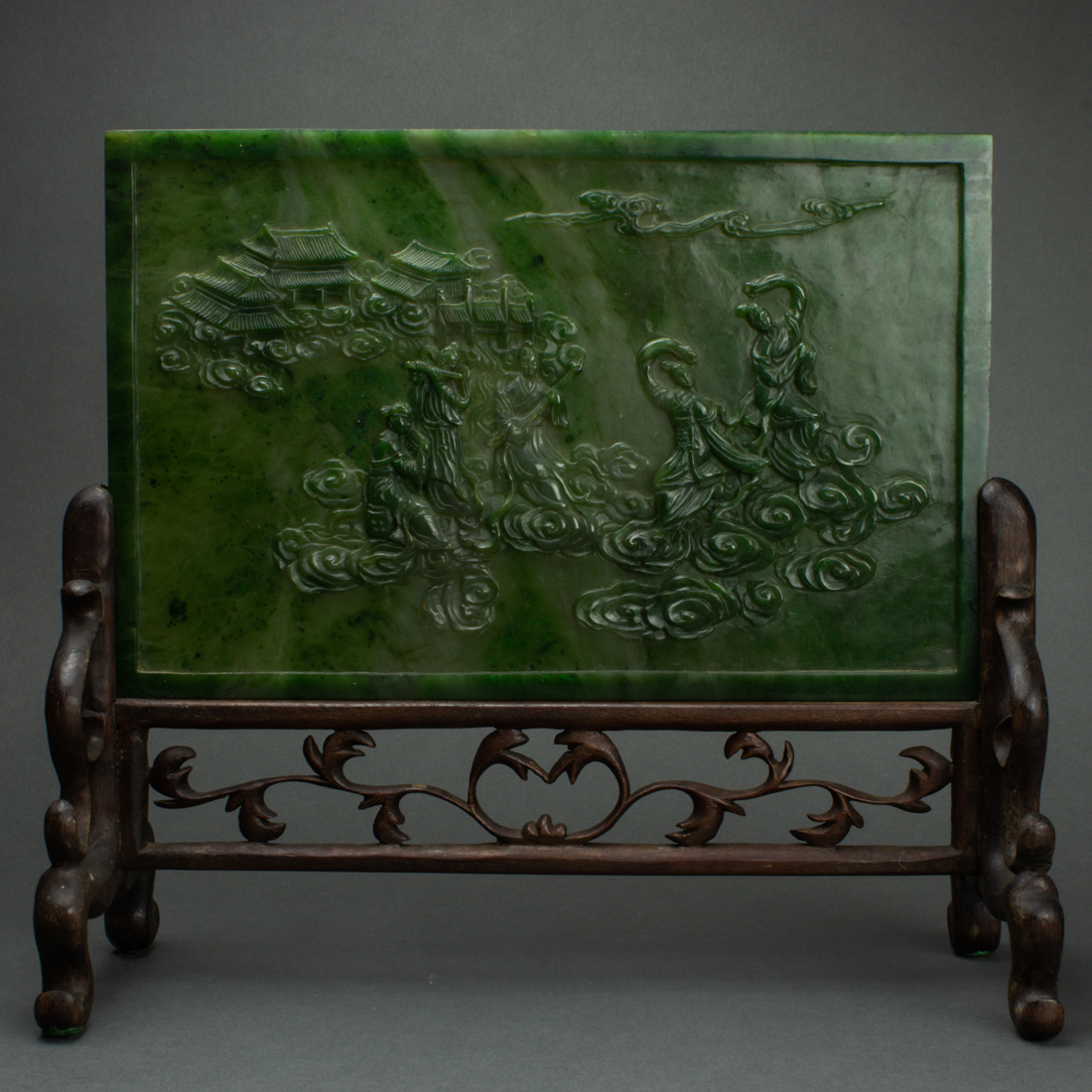 Appraisal: SPINACH JADE TABLE SCREEN Spinach jade table screen the rectangular