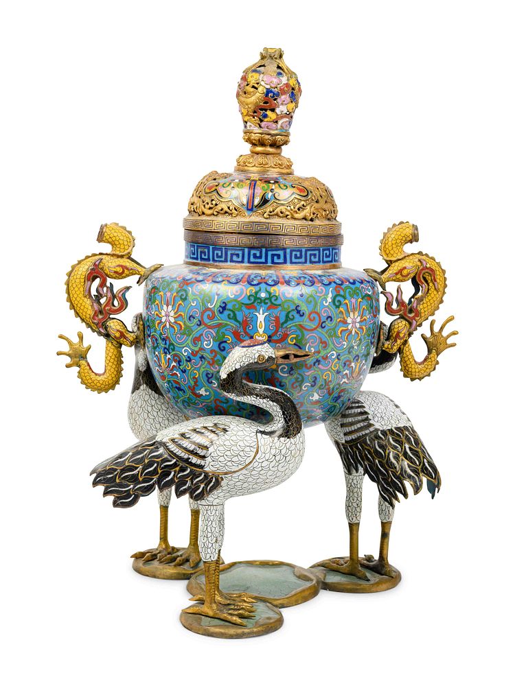 Appraisal: A Chinese Cloisonne Enamel 'Crane' Tripod Incense Burner A Chinese