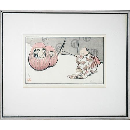 Appraisal: Helen Hyde TEASING THE DARUMA Color woodcut Estimate -