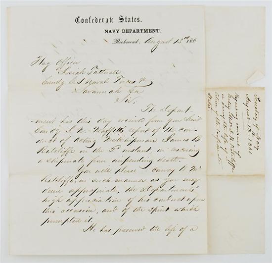 Appraisal: Document Stephen R Mallory autographed letter signed August from Confederate