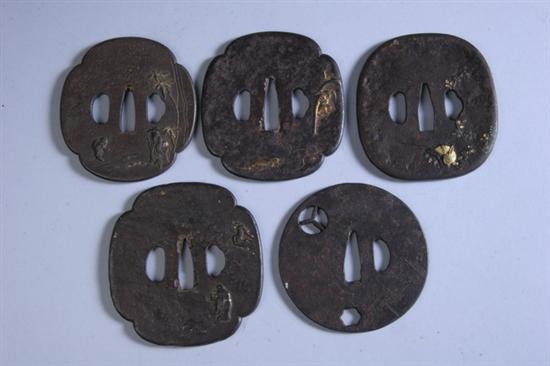 Appraisal: FIVE JAPANESE IRON TSUBA SWORD GUARDS Edo period th -